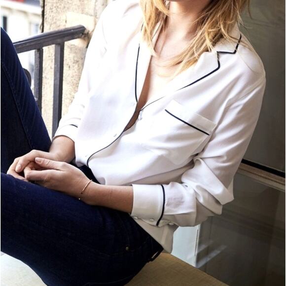 NEW! Sezane 4 Elisa Ivory Silk Blouse $190 Black Piping Pajama Top French 36 - Picture 6 of 11